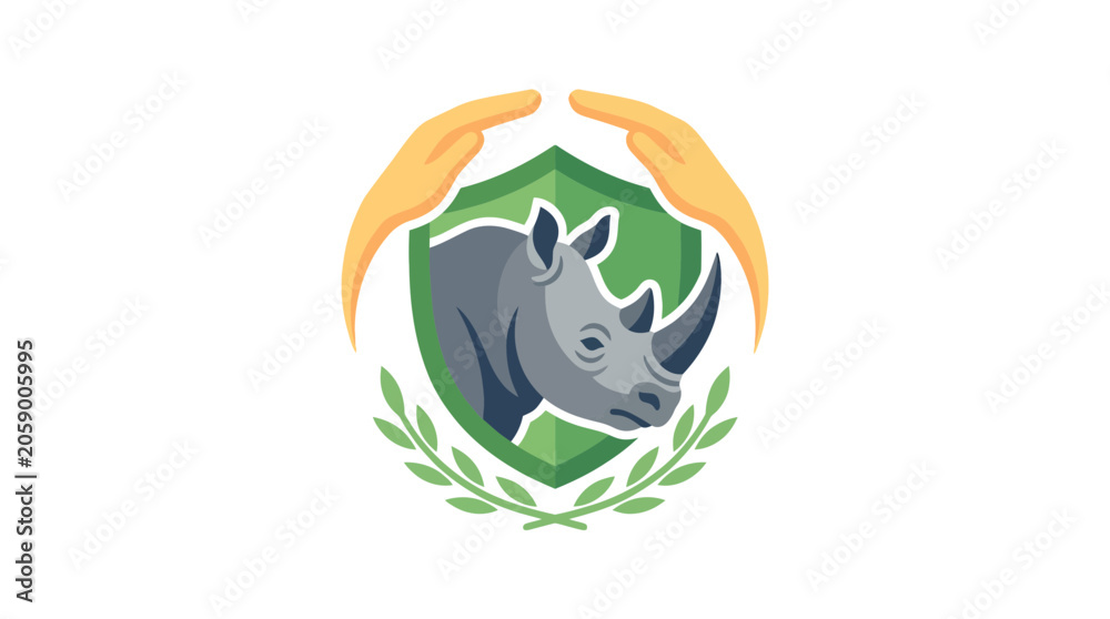 Obraz premium Rhino Conservation Emblem: Hands Protecting Wildlife and Nature