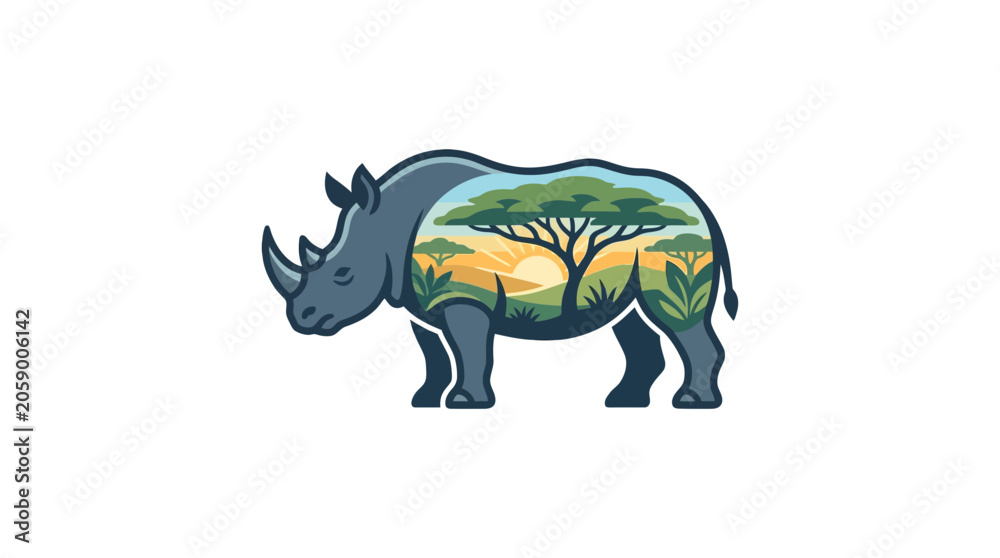 Fototapeta premium Rhino Silhouette Filled with African Safari Landscape Illustration