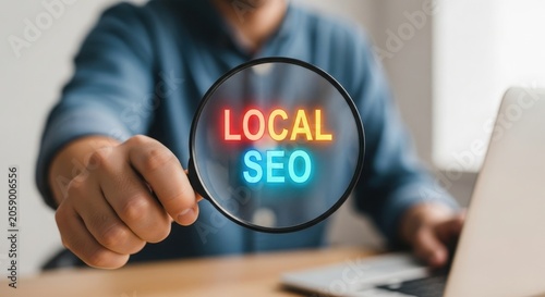 Man holding magnifying glass with local seo text on it while sitting at desk with laptop