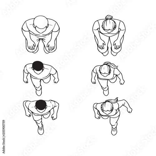 CAD Human Figure Outline Set, Men and Women Top View  Sitting, Walking, Running Vector Collection

