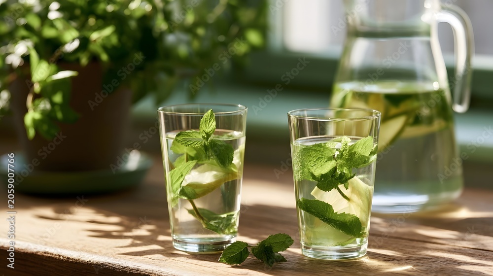 Fototapeta premium Inviting detox water is bathed in soft morning light creating a deeply relaxing and serene atmosphere