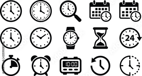 Valokuva collection of black and white clock icons for time management