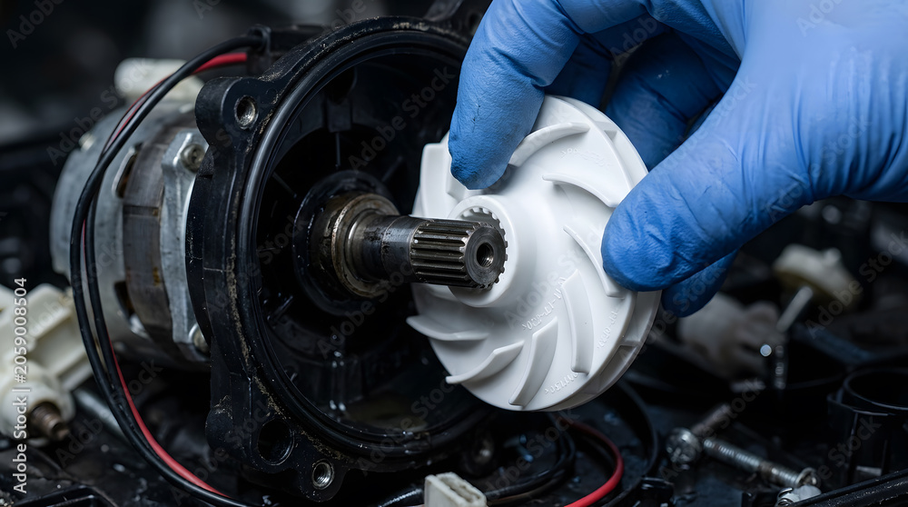 Fototapeta premium repairing dishwasher pump motor | installing appliance impeller part | dishwasher maintenance and repair service | household appliance spare parts replacement
