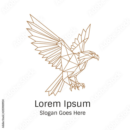 Golden Outline Eagle Spread Wings Flying Line Art Geometric Polygon Contour Logo Vector
