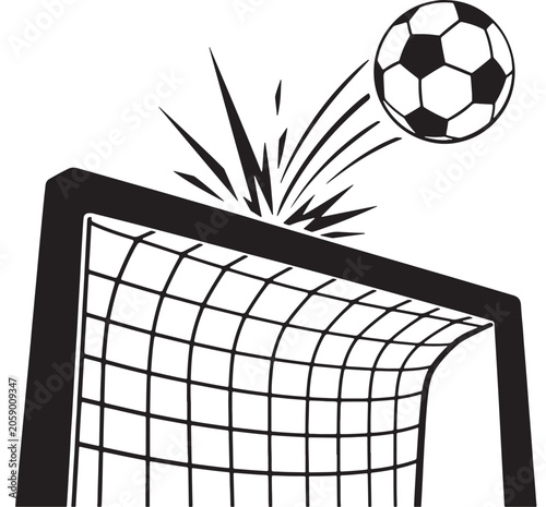 Soccer ball strikes the goal netting with force after being kicked during a high stakes competition.