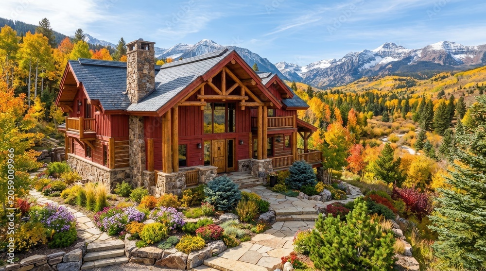 Fototapeta premium Luxury mountain cabin home in autumn landscape with snowcapped peaks