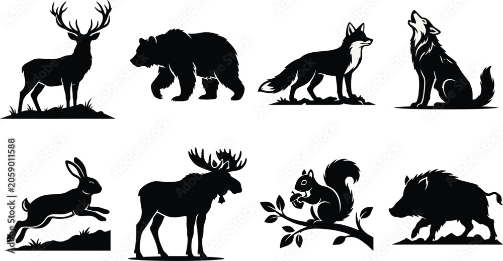 Fototapeta premium Wild Animal Silhouette Vector Bundle Featuring Deer Bear Fox Wolf Hare Moose Squirrel and Wild Boar