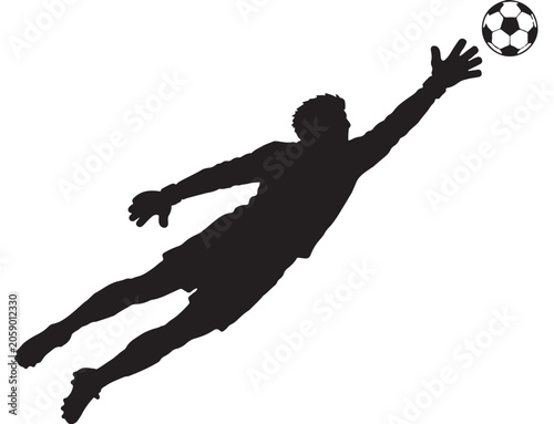 Goalkeeper silhouette jumps through the air to make a dramatic save while reaching for an incoming soccer ball during a high-stakes match.