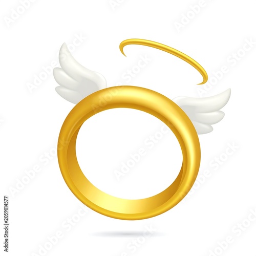 A shiny golden ring with white wings and a halo