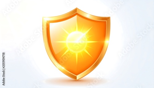 A shiny golden shield with a radiant sun symbol on a light blue background