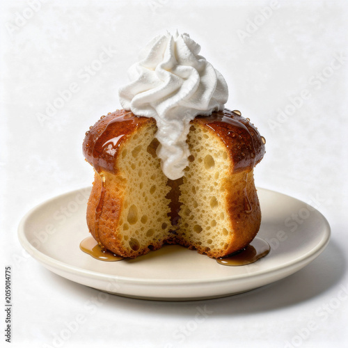 Traditional Baba au Rhum with Rum Syrup and Whipped Cream Isolated on White Background