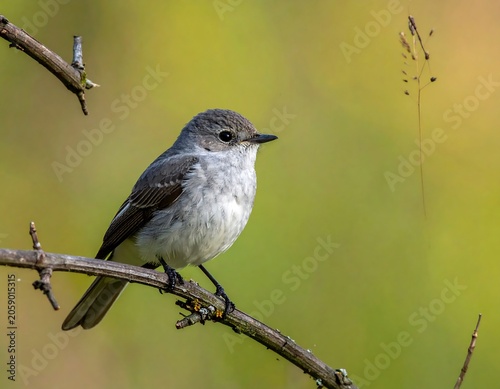 A small bird perches on a thin branch against a blurred green background