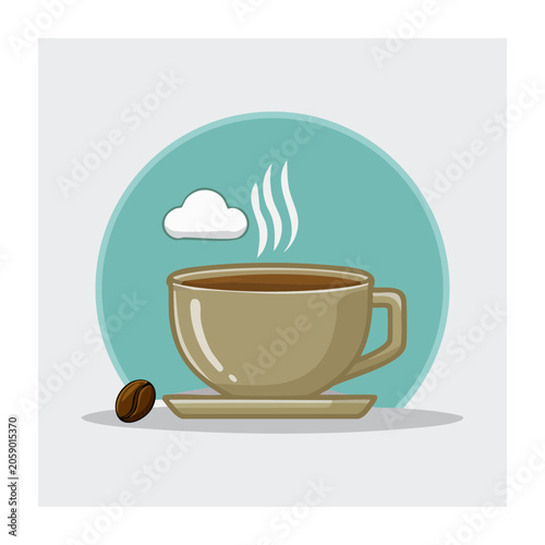 Flat design illustration of a coffee cup with steam and bean