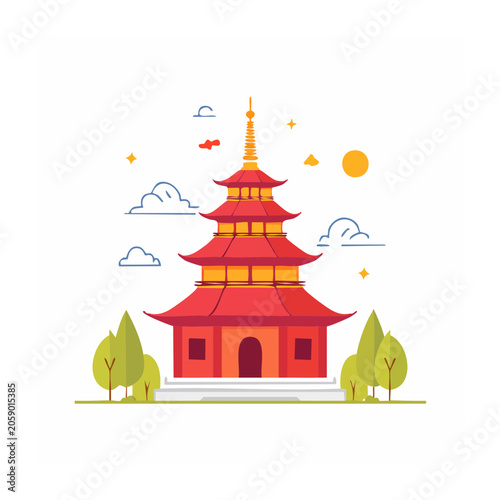 Flat Design Illustration of a Red Pagoda Temple