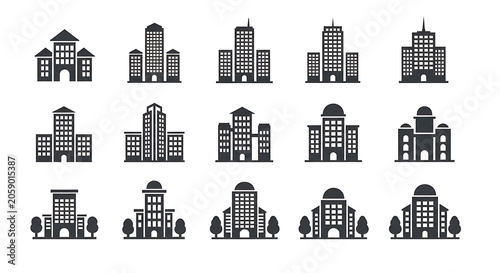 Set of black silhouette office buildings and apartment skyscraper icons with real estate building architecture skyscraper silhouette apartment business construction residential collection