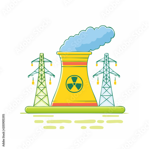 Flat design illustration of a nuclear power plant with cooling tower
