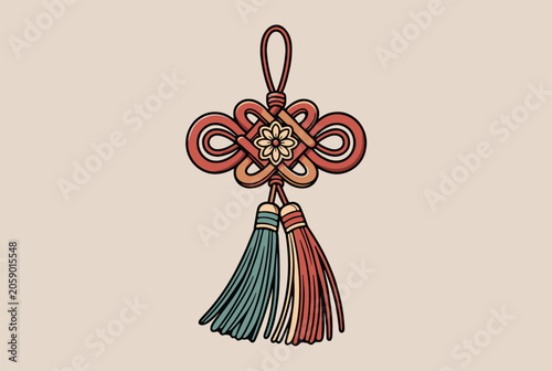 Traditional oriental decorative knot featuring intricate weaving and colorful tassels used for festive or cultural celebrations.