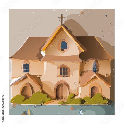 Watercolor illustration of a church with a cross