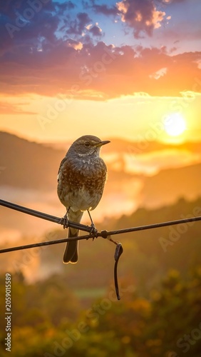 A small bird perches on a wire against a vibrant sunset
