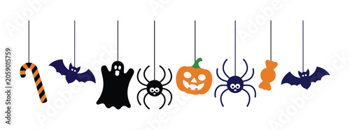 Photos Halloween Party Decorations: A playful collection of festive Halloween decorations including candy corn, bats, ghost, spider, pumpkin and candy, suspended as if for a party