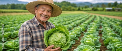 Smiling senior Asian male farmer holding a fresh cabbage in an agricultural field. Older man with organic vegetables on a rural farm. Agriculture and harvest concept