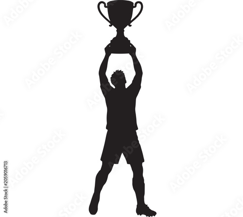 Athlete silhouette stands triumphantly while lifting a large trophy high above his head to celebrate a major championship victory in a competitive stadium atmosphere.
