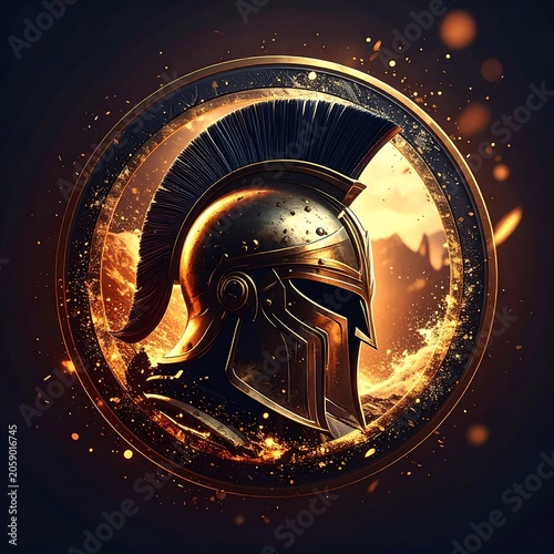 A shiny, metallic helmet with a plume, set against a fiery, circular background