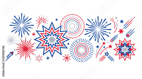 Red white and blue fireworks vector illustration for national holidays