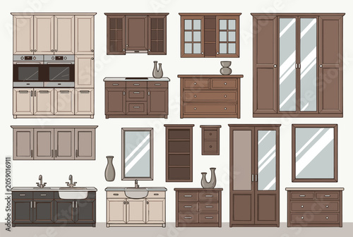 Comprehensive collection of wooden furniture designs includes various cabinets, wardrobes, sinks, and chests of drawers.