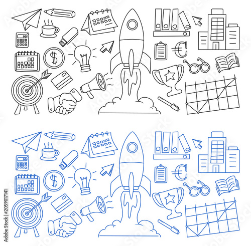 Hand-drawn startup and finance doodle icons. Featuring rocket launch, marketing, and office elements in a black and blue outline style. Perfect for corporate presentations.