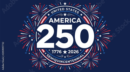 Patriotic America 250 logo featuring vibrant red white and blue fireworks