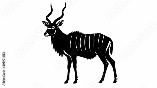 Vintage kudu antelope silhouette, hand-drawn black and white wildlife illustration, majestic African kudu bull with spiral horns on white background