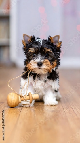 A small black, white, and brown puppy playing with a wooden toy on a hardwood floor
