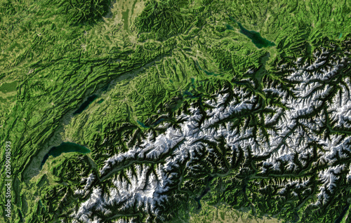 Switzerland's Alps region depicted in a 3D relief map. Elevation and terrain details showcased with shading. Elements of this image derived from NASA imagery and SRTM dataset.