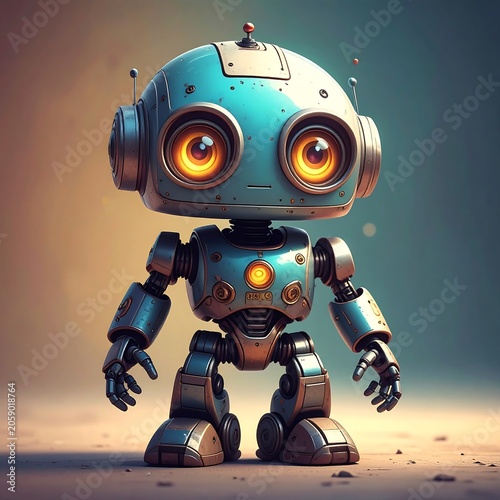 A small, blue robot with a rounded head and large, expressive eyes