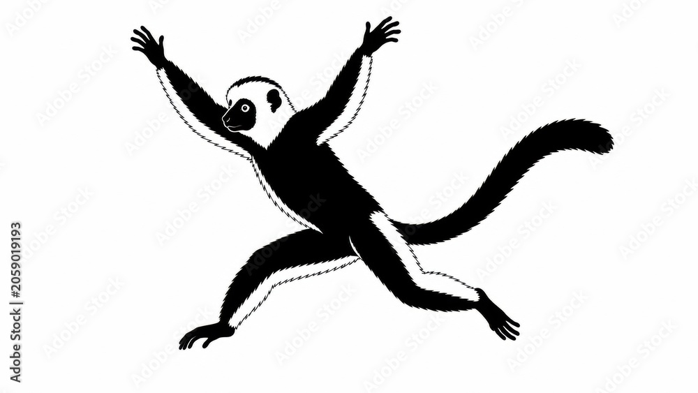 Fototapeta premium Minimalist lemur silhouette illustration, black and white sifaka monkey jumping, stylized primate animal graphic on white background