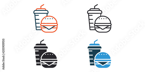 fast food icons outline and Flat Style,transparent background