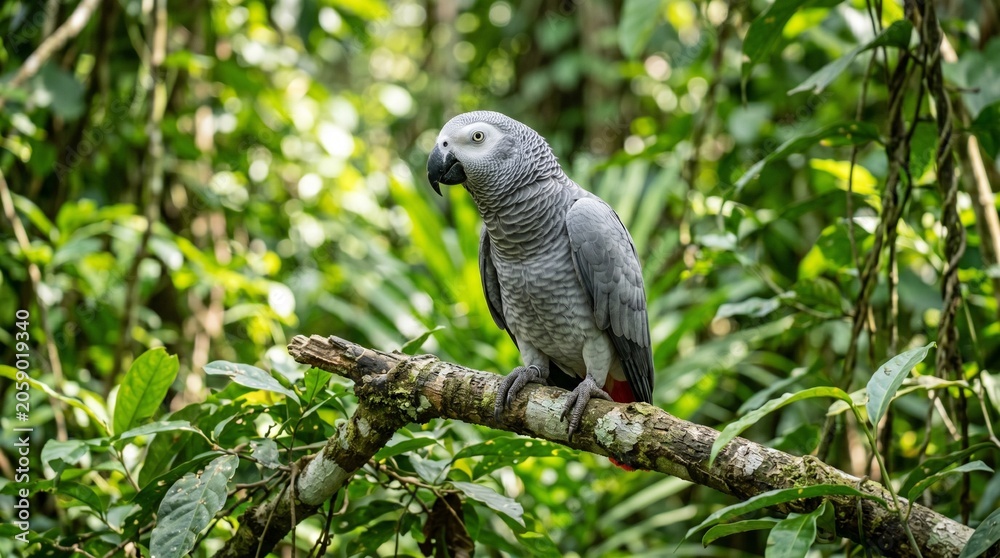 Obraz premium Intelligent african grey parrot perched gracefully on a mossy tree branch inside a sunlit natural tropical rainforest environment filled with lush foliage