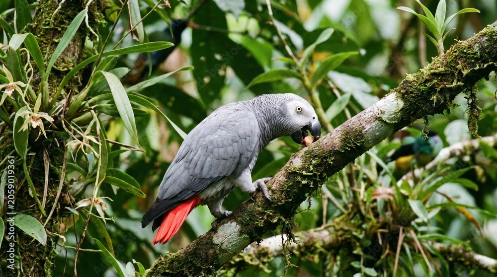 Obraz premium Intelligent african grey parrot with a bright red tail lean forward curiously on a mossy branch surrounded by lush tropical rainforest jungle greenery