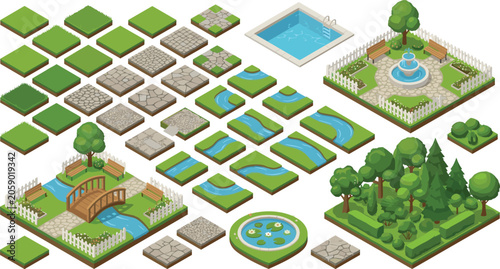 Isometric Garden and Park Tile Map Element Collection Set with Fountain Bridge Pond Tree Bush Fence and Pathway for Game and Landscape Design