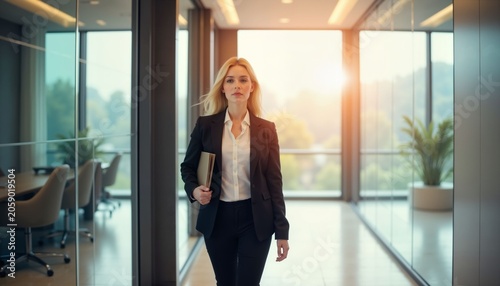 Professional woman walking confidently in office during sunset  