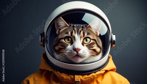 Cat wearing astronaut helmet and jacket against dark background  