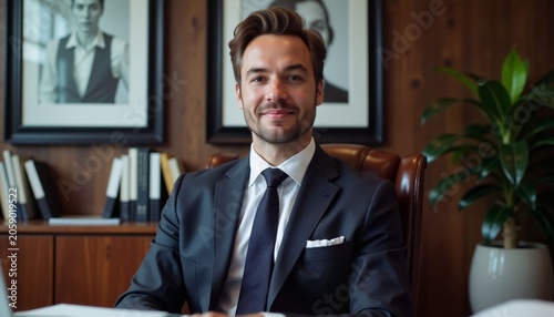 Confident businessman smiling while sitting in office chair indoors  