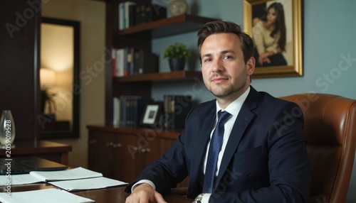 Young businessman sitting confidently in modern office environment  