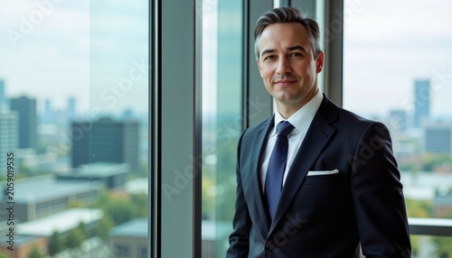 Businessman standing confidently near window in modern office  