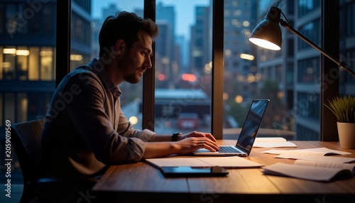 Young man working on laptop at desk in office during evening  