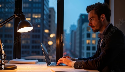 Businessman working on laptop at desk by window in city at night  