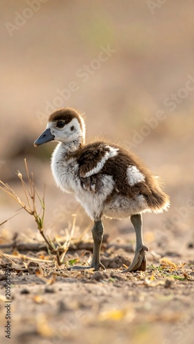 A small brown and white feathered young bird stands on dry ground