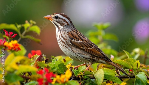 A small brown and white bird perched on a flowering bush