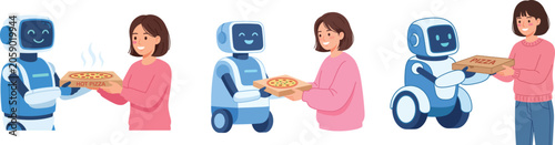 Flat vector illustration of cute delivery robot handing pizza to smiling woman for service apps